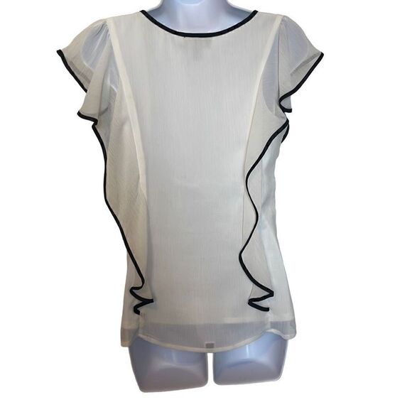IZ Byer EUC White Black Trim Flowy Ruffle Sleeve Blouse Sz S - Picture 3 of 6